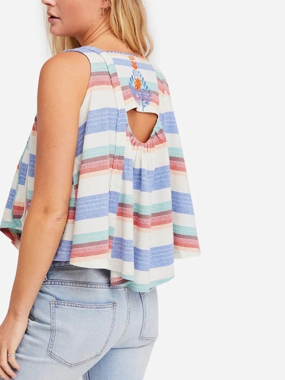 FP | Cotton Multicolor Vintage Striped Floral Embroidery Cropped Swing Tank Top - Picture 2 of 13